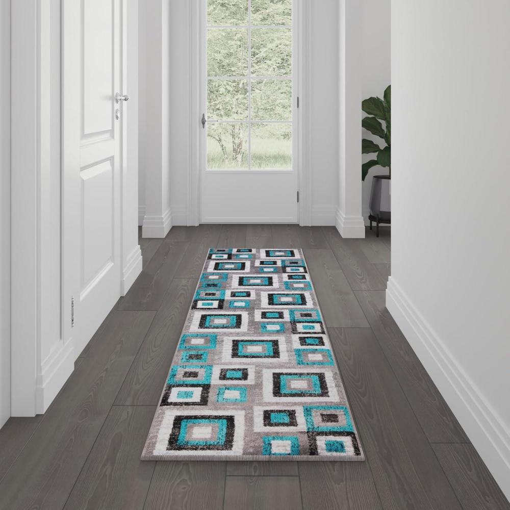 imageFlash Furniture Gideon Collection 8 x 8 Round Abstract Area Rug Turquoise Grey and White Olefin Facing Cotton Backing Living Room or BedroomTurquoise