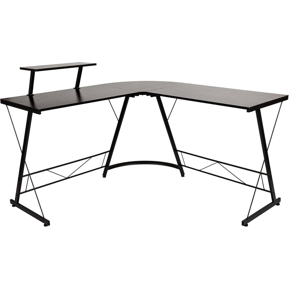 imageFlash Furniture Glass LShape Computer Desk with Silver Metal FrameBlack TopBlack Frame