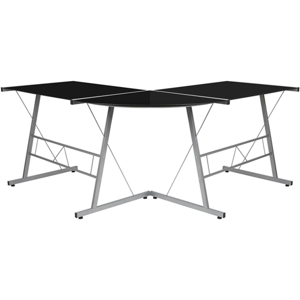 imageFlash Furniture Glass LShape Computer Desk with Silver Metal FrameBlack TopSilver Frame