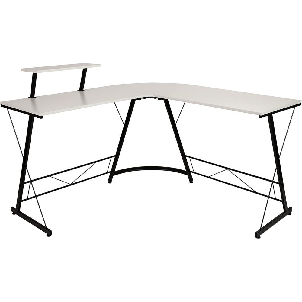 imageFlash Furniture Glass LShape Computer Desk with Silver Metal FrameWhite TopBlack Frame