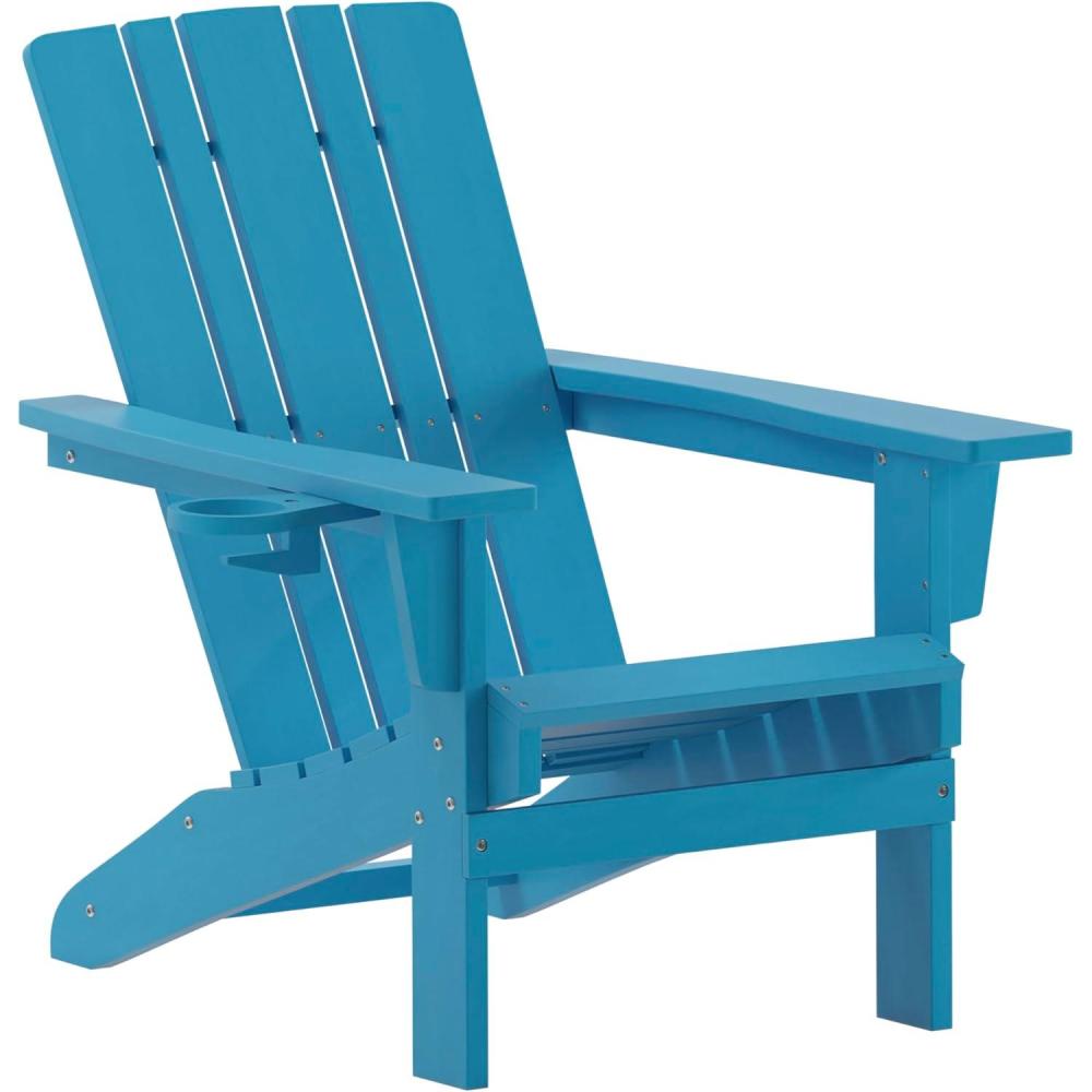 imageFlash Furniture Halifax Adirondack Chair with Cup Holder Weather Resistant Poly Resin Adirondack Chair Gray Set of 1Blue