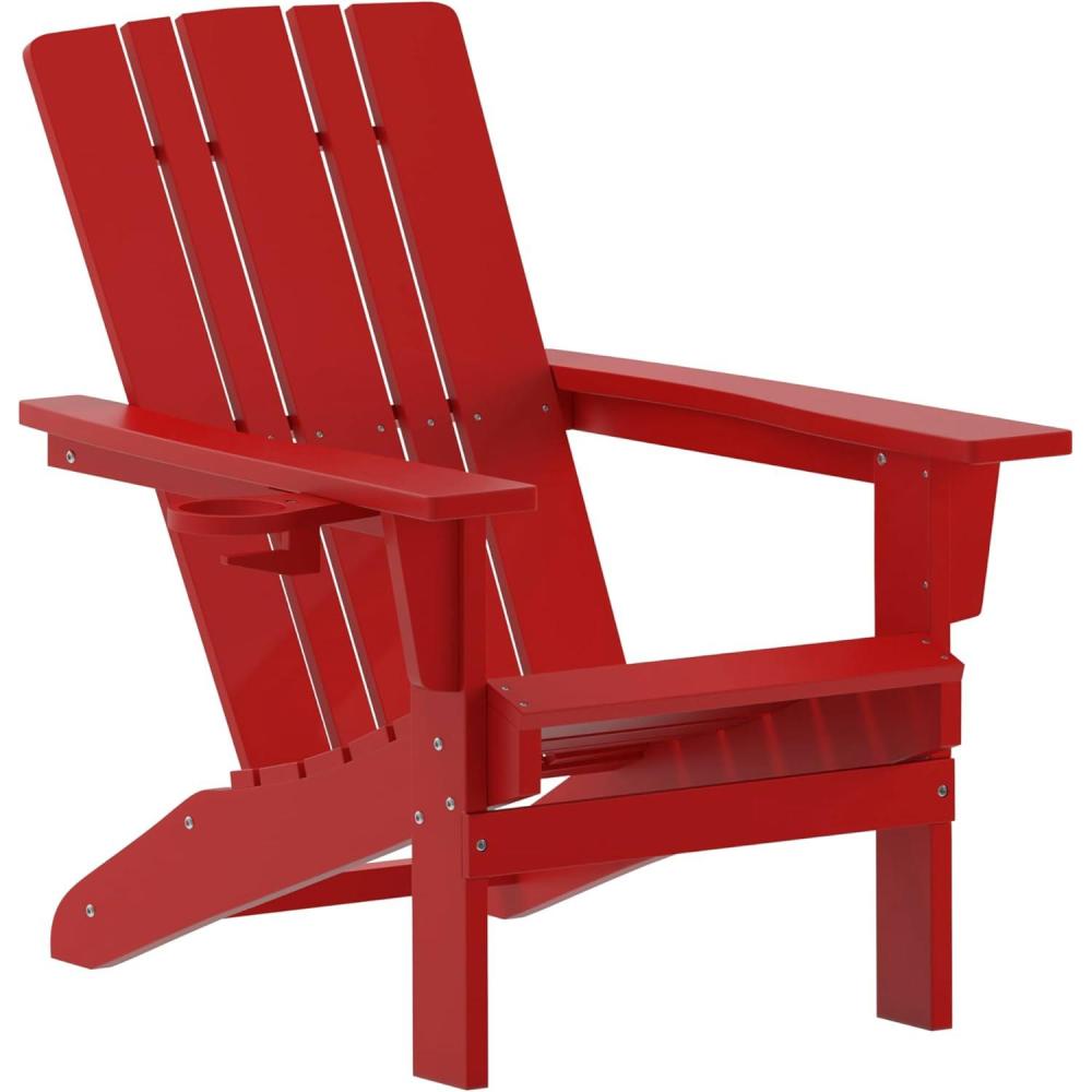 imageFlash Furniture Halifax Adirondack Chair with Cup Holder Weather Resistant Poly Resin Adirondack Chair Gray Set of 1Red