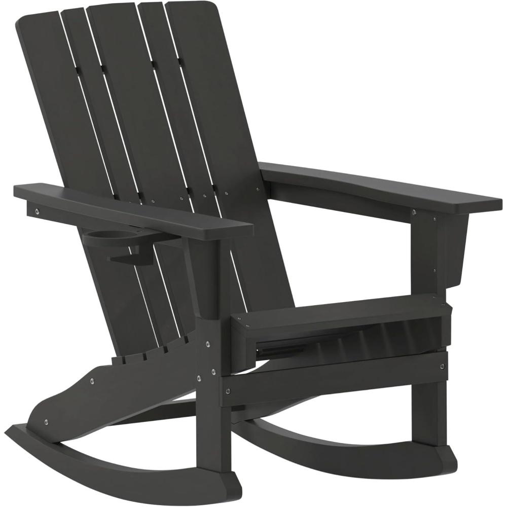 imageFlash Furniture Halifax Adirondack Rocking Chair with Cup Holder Weather Resistant Poly Resin Adirondack Rocking Chair RedBlack