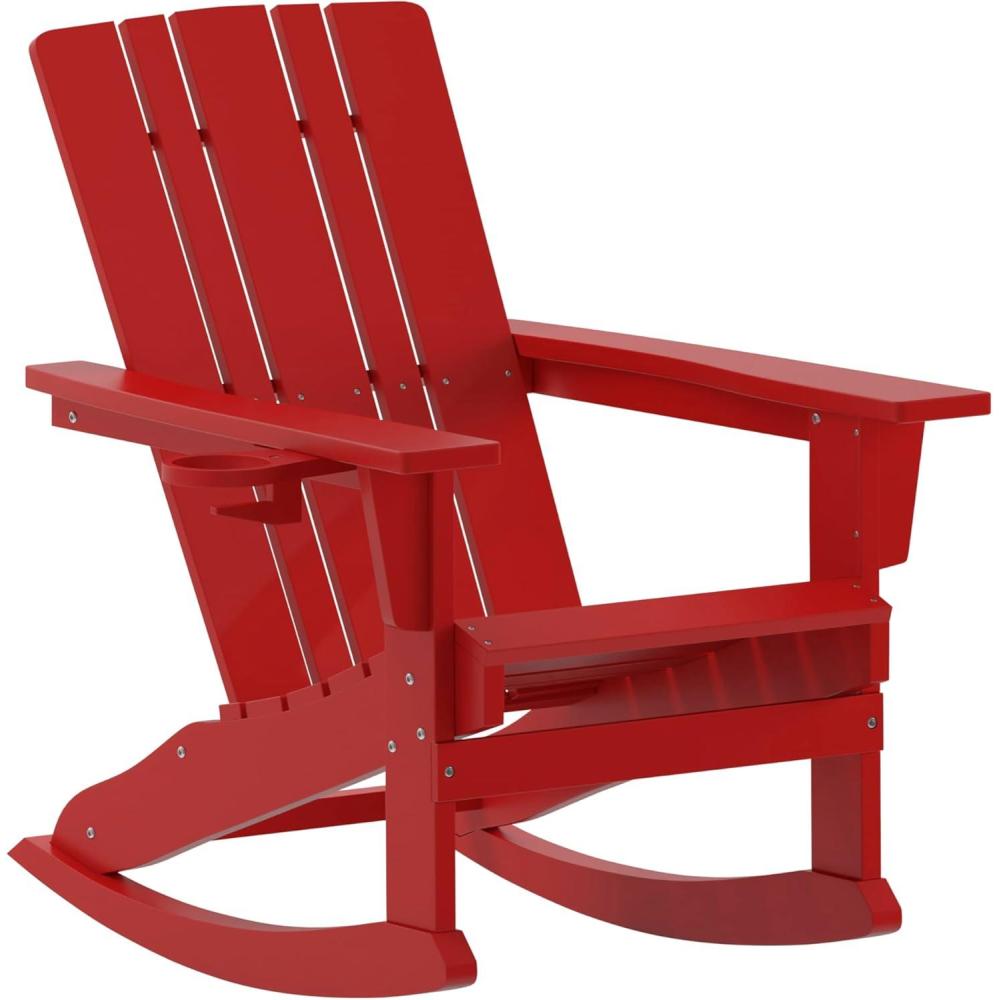 imageFlash Furniture Halifax Adirondack Rocking Chair with Cup Holder Weather Resistant Poly Resin Adirondack Rocking Chair RedRed