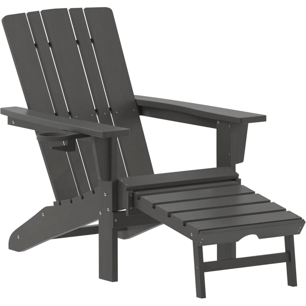 imageFlash Furniture Halifax Poly Resin Adirondack Chair with Cup Holder and Pull Out Ottoman AllWeather Poly Resin IndoorOutdoor Lounge Chair Set of 2 BlackGrey