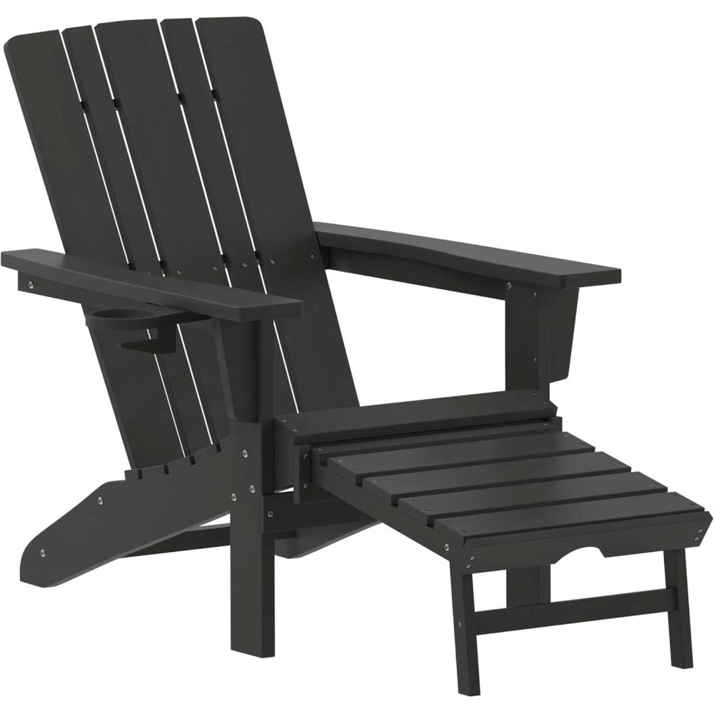 imageFlash Furniture Halifax Poly Resin Adirondack Chair with Cup Holder and Pull Out Ottoman AllWeather Poly Resin IndoorOutdoor Lounge Chair Set of 2 BlackBlack