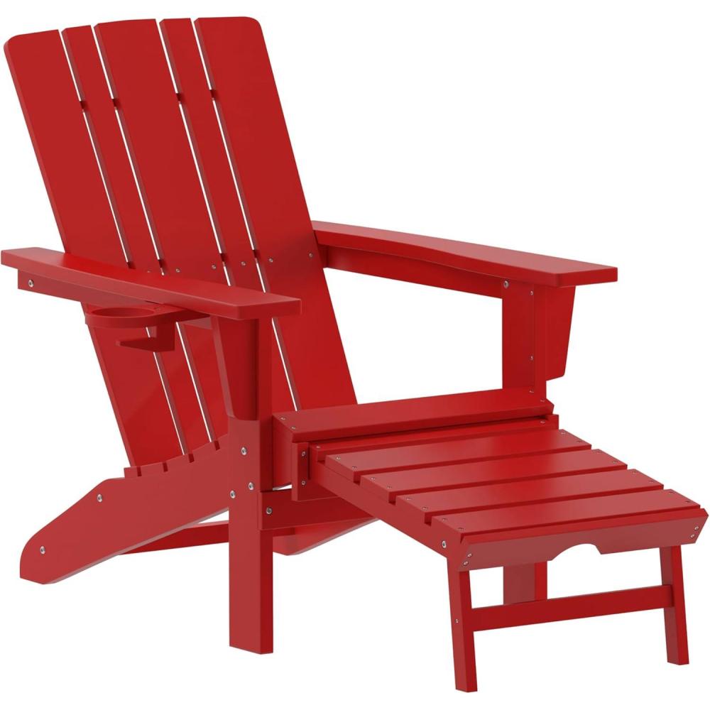 imageFlash Furniture Halifax Poly Resin Adirondack Chair with Cup Holder and Pull Out Ottoman AllWeather Poly Resin IndoorOutdoor Lounge Chair Set of 2 BlackRed