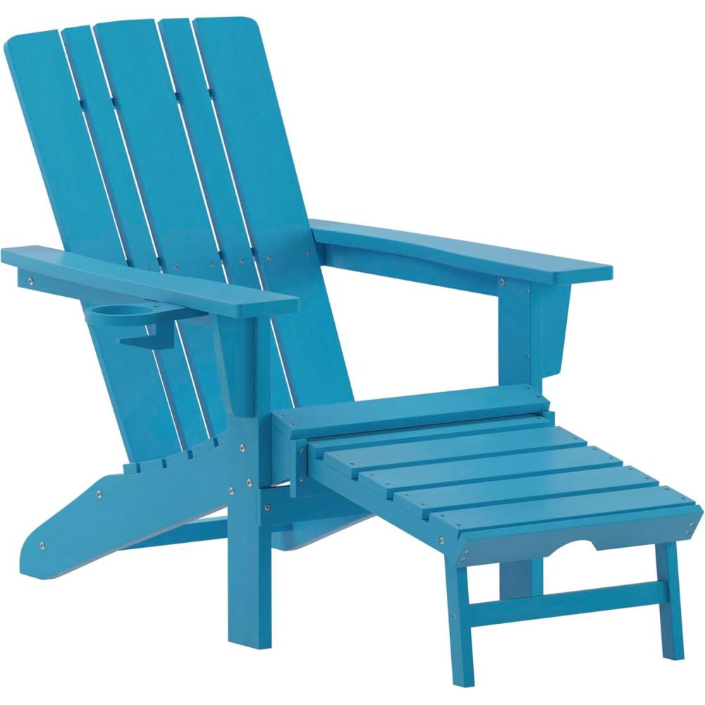 imageFlash Furniture Halifax Poly Resin Adirondack Chair with Cup Holder and Pull Out Ottoman AllWeather Poly Resin IndoorOutdoor Lounge Chair Set of 2 BlackBlue