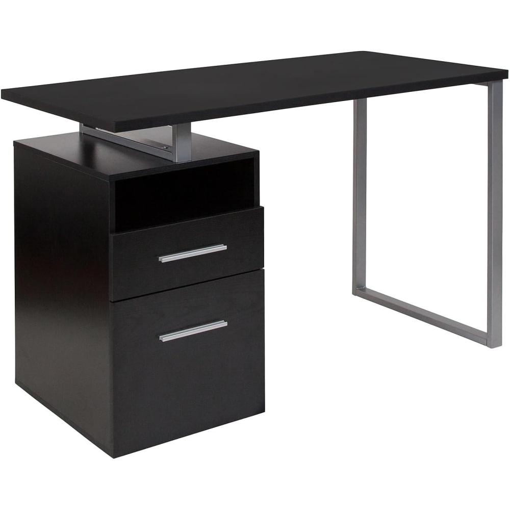 imageFlash Furniture Harwood Dark Ash Wood Grain Finish Computer Desk with Two Drawers and Silver Metal FrameDark Ash