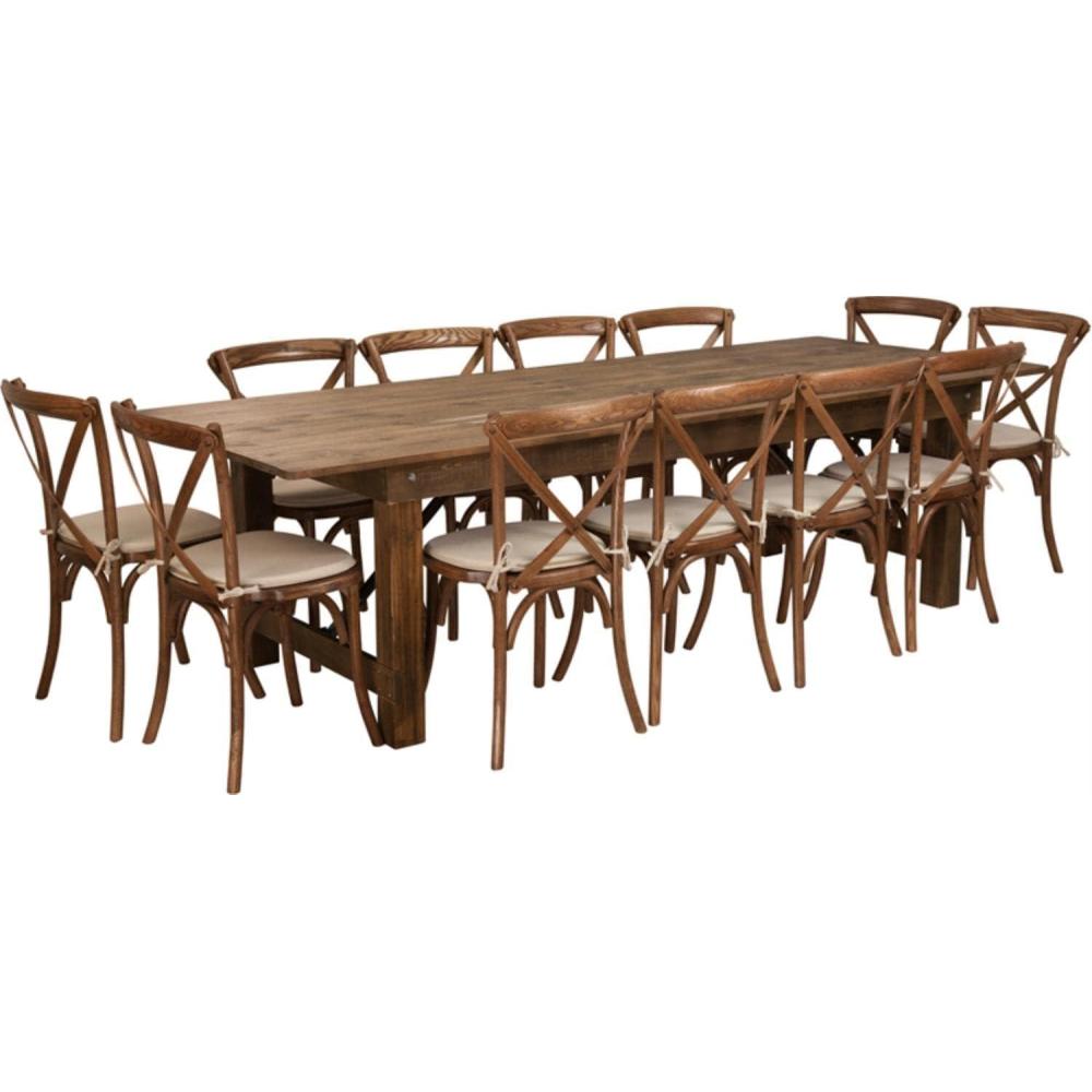 imageFlash Furniture Hercules Series 9 x 40 Antique Rustic Folding Farm Table Set with 12 Cross Back Chairs and Cushions