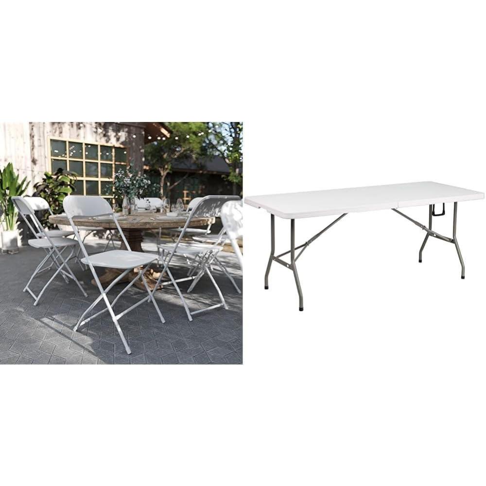 imageFlash Furniture Hercules Series Plastic Folding Chair White 6 Pack 650LB Weight Capacity ampamp Elon 6Foot BiFold Granite White Plastic Banquet and Event Folding TableWhite