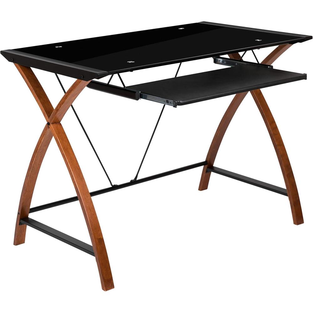 imageFlash Furniture Jude Black Glass Computer Desk with PullOut Keyboard Tray and Crisscross FrameBlack