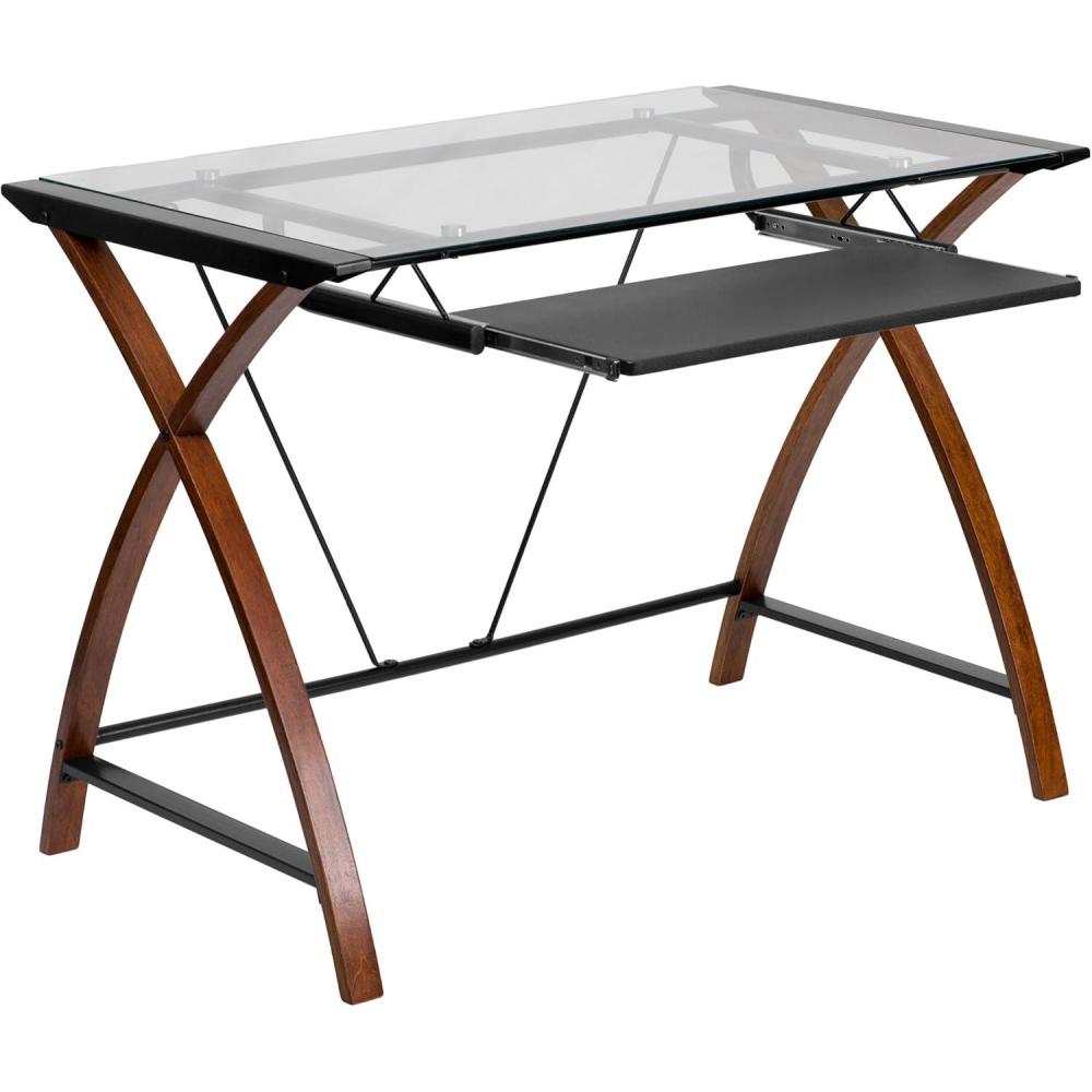 imageFlash Furniture Jude Black Glass Computer Desk with PullOut Keyboard Tray and Crisscross FrameClearCherry