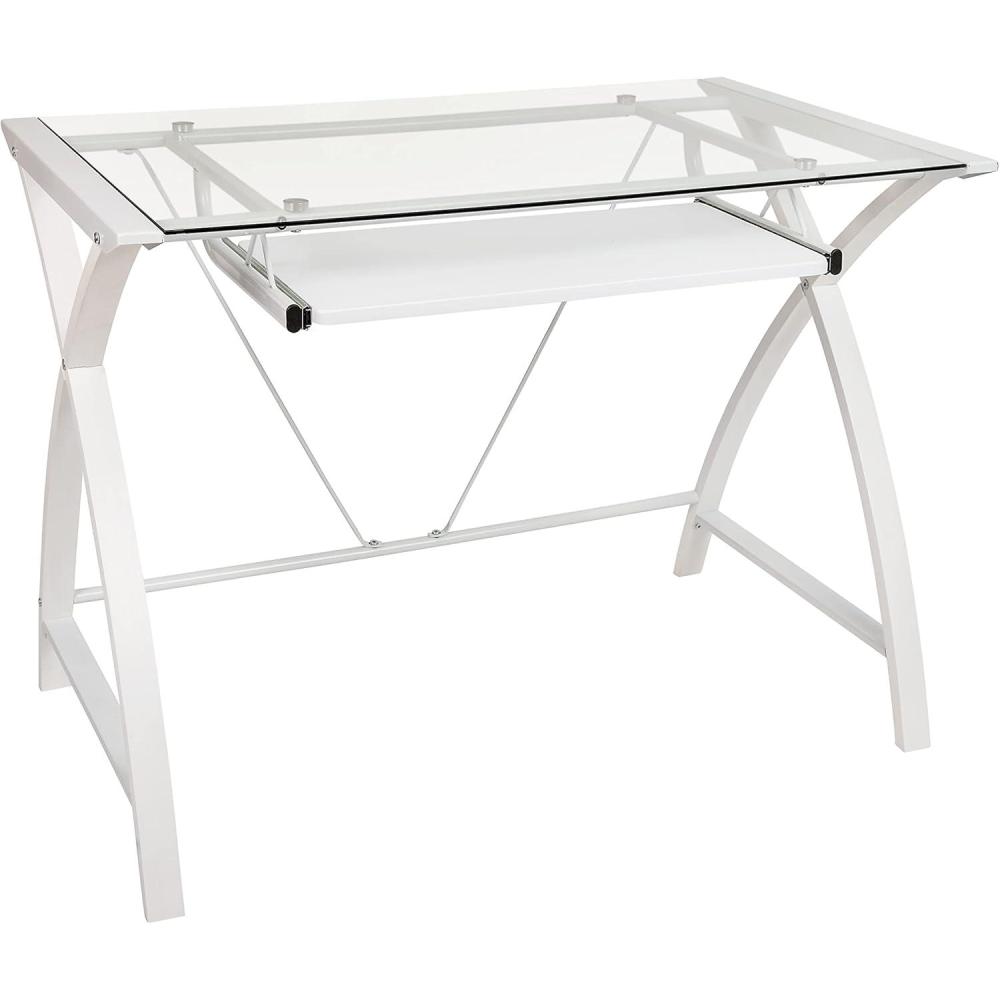 imageFlash Furniture Jude Black Glass Computer Desk with PullOut Keyboard Tray and Crisscross FrameWhite