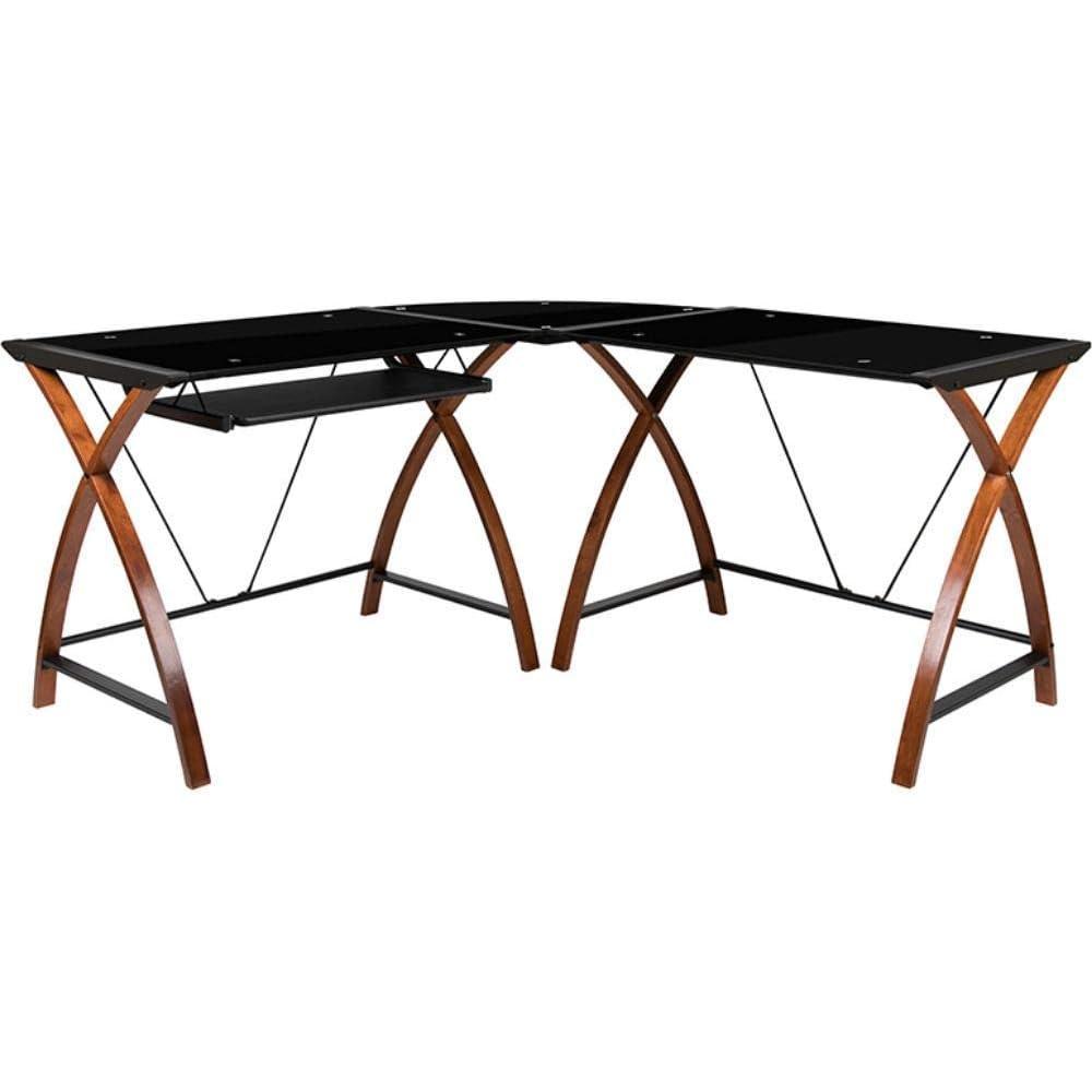 imageFlash Furniture Jude Black Glass LShape Corner Computer Desk with PullOut Keyboard TrayBlack