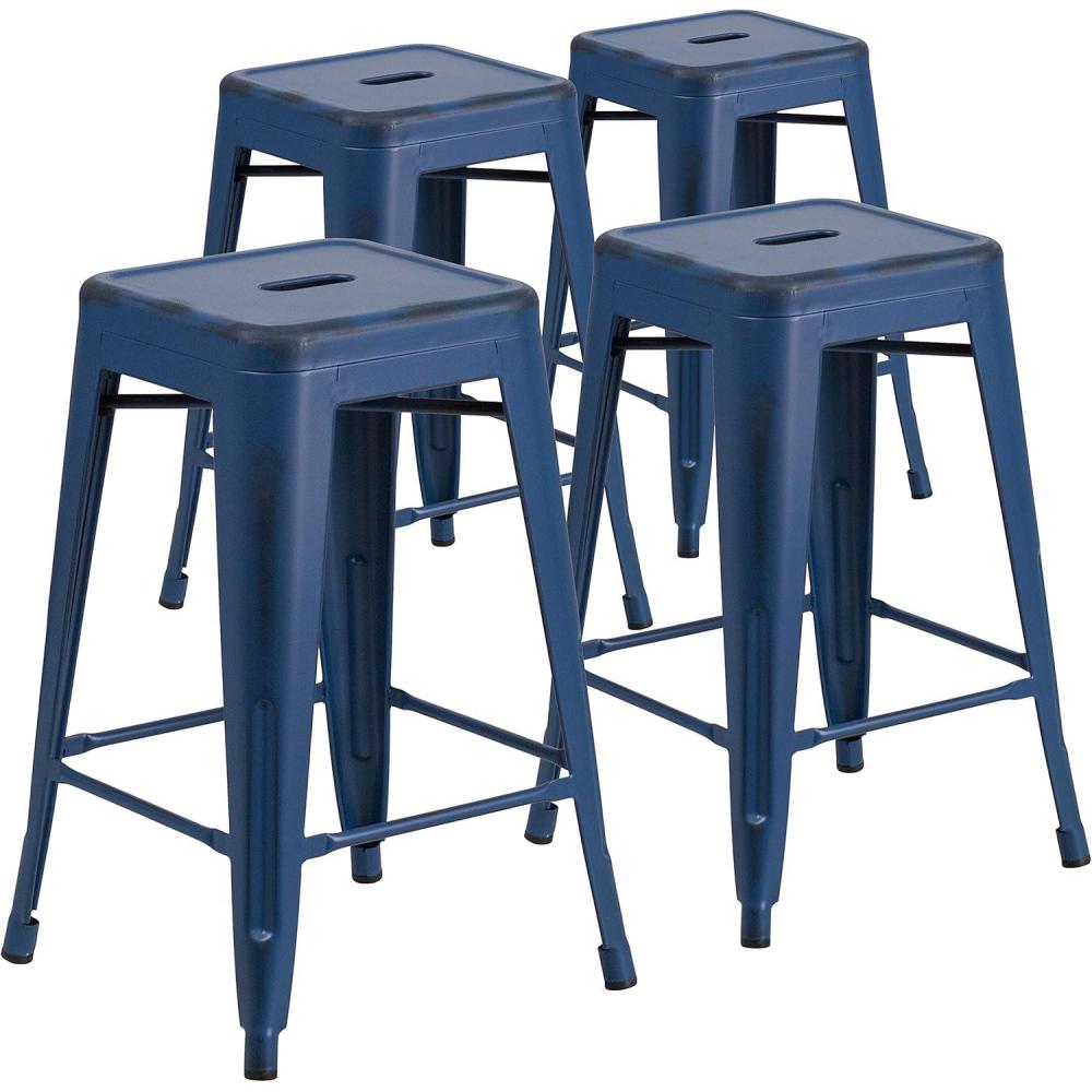 imageFlash Furniture Kai Commercial Grade 24quot High Backless Black Metal IndoorOutdoor Counter Height Stool with Square SeatAntique Blue