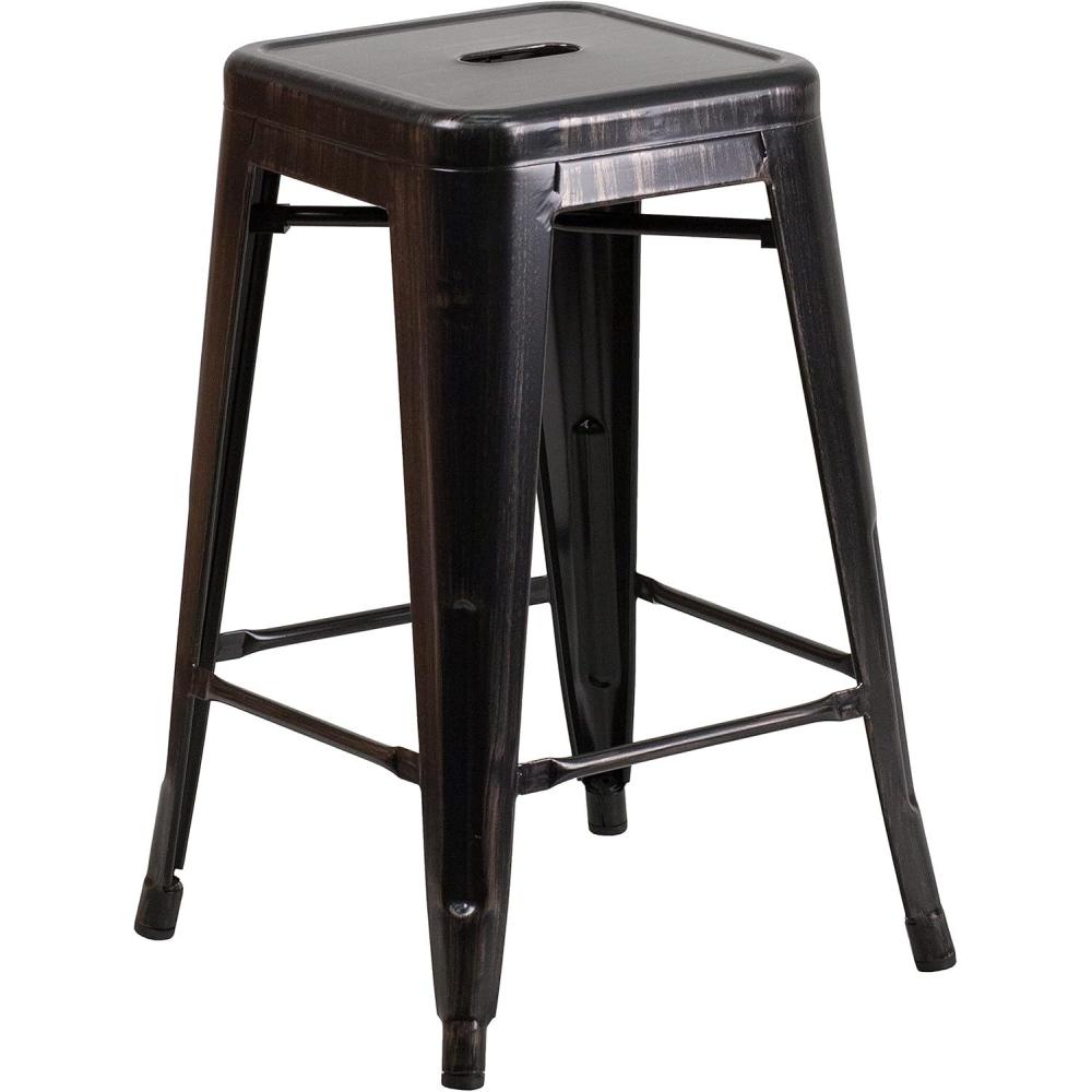 imageFlash Furniture Kai Commercial Grade 24quot High Backless Black Metal IndoorOutdoor Counter Height Stool with Square SeatBlackantique Gold