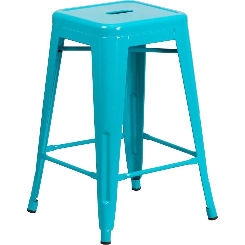 imageFlash Furniture Kai Commercial Grade 24quot High Backless Black Metal IndoorOutdoor Counter Height Stool with Square SeatCrystal Tealblue