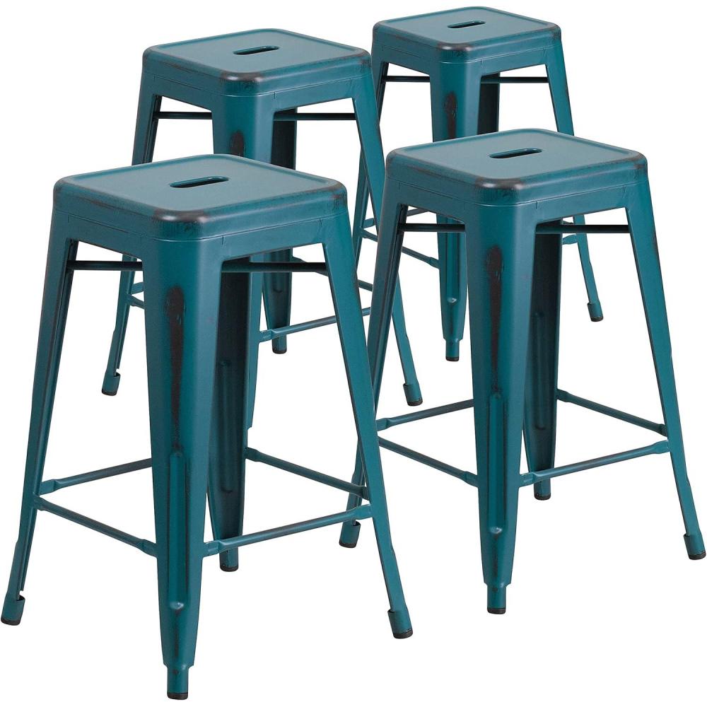 imageFlash Furniture Kai Commercial Grade 24quot High Backless Black Metal IndoorOutdoor Counter Height Stool with Square SeatKelly Blueteal