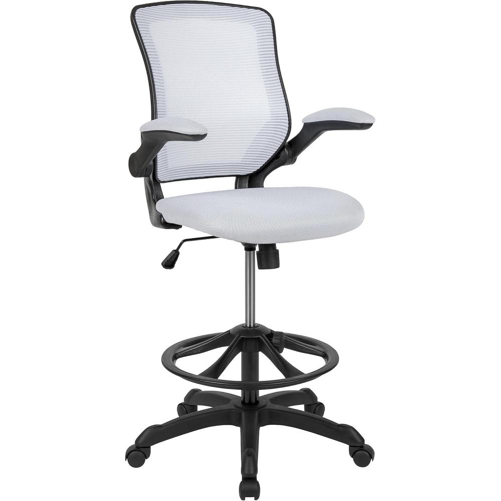 imageFlash Furniture Kale MidBack White Mesh Ergonomic Drafting Chair Adjustable Foot Ring FlipUp ArmsWhite