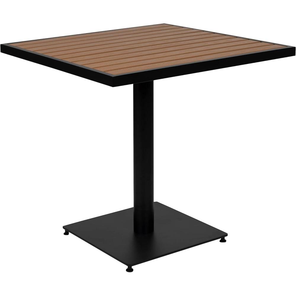 imageFlash Furniture Lark Outdoor Steel Dining Table  Faux Teak Poly Slatted Top  Commercial Grade Dining Table with Black Frame  35quot Square  Umbrella Holder HoleTeak