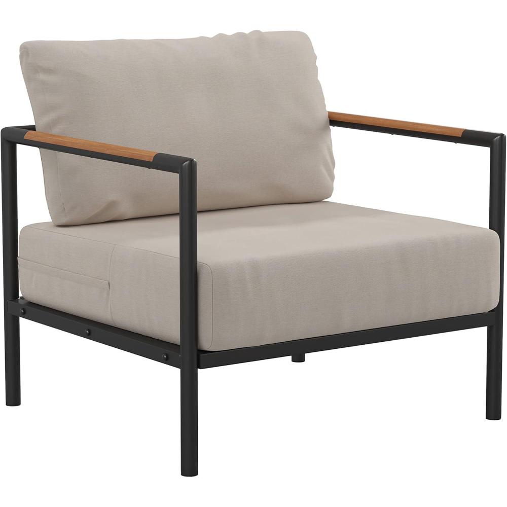 imageFlash Furniture Lea IndoorOutdoor Patio Chair with Cushions  Modern Aluminum Framed Chair with Teak Accented Arms Black with Charcoal CushionsBeige