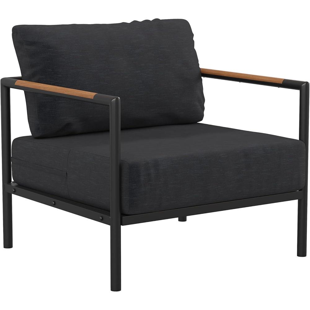 imageFlash Furniture Lea IndoorOutdoor Patio Chair with Cushions  Modern Aluminum Framed Chair with Teak Accented Arms Black with Charcoal CushionsCharcoal