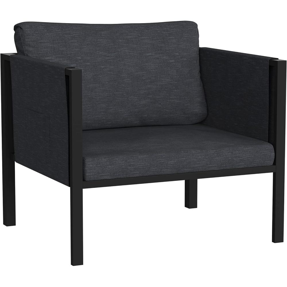imageFlash Furniture Lea IndoorOutdoor Patio Chair with Cushions Modern Steel Framed Chair with Storage Pockets Black with Beige CushionsCharcoal
