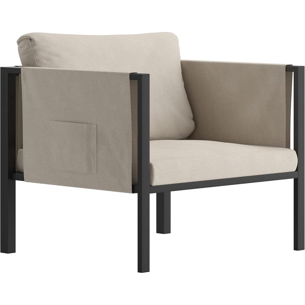imageFlash Furniture Lea IndoorOutdoor Patio Chair with Cushions Modern Steel Framed Chair with Storage Pockets Black with Beige CushionsLight Gray