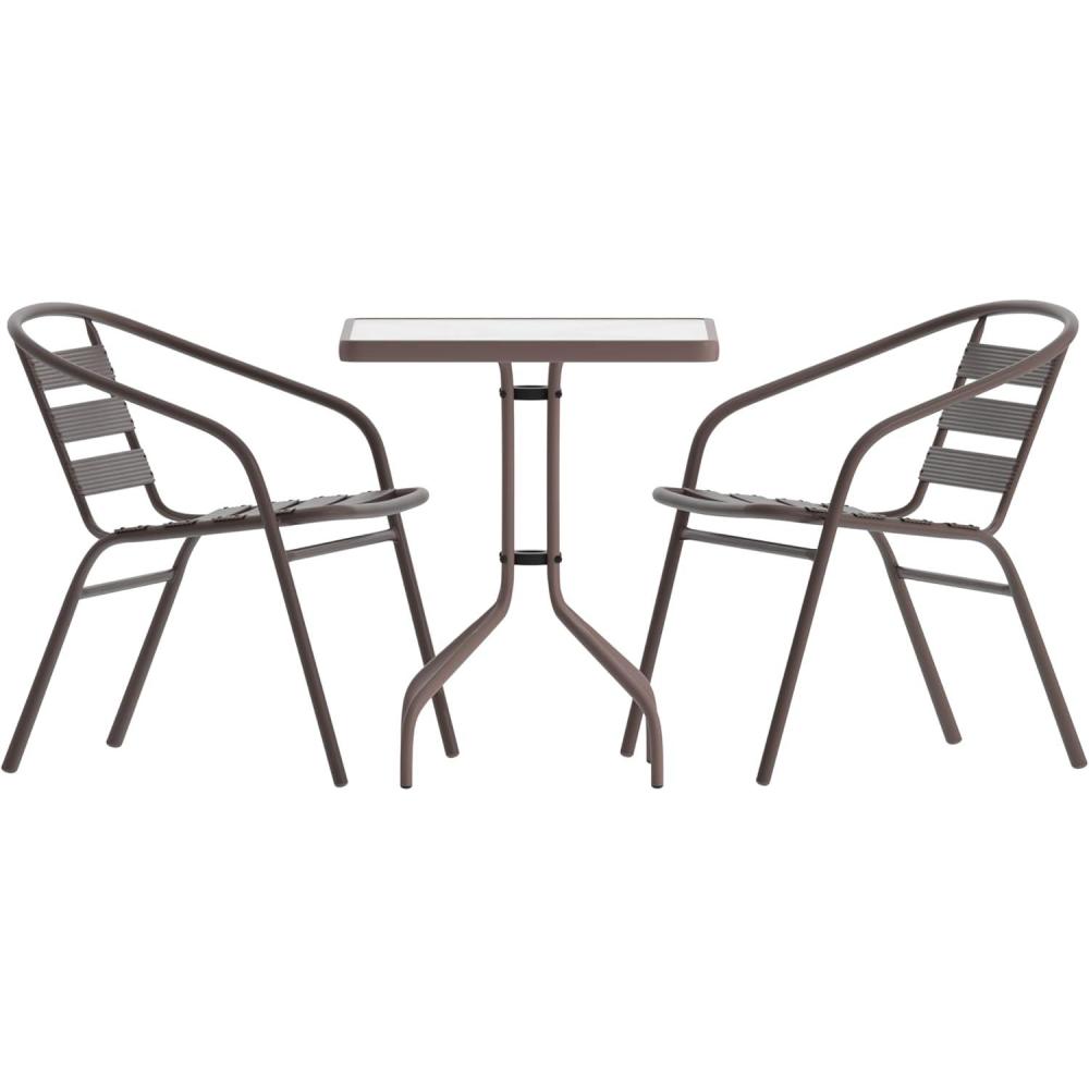 imageFlash Furniture Lila 235 Square Glass Metal Table with 2 Black Metal Aluminum Slat Stack ChairsBronze