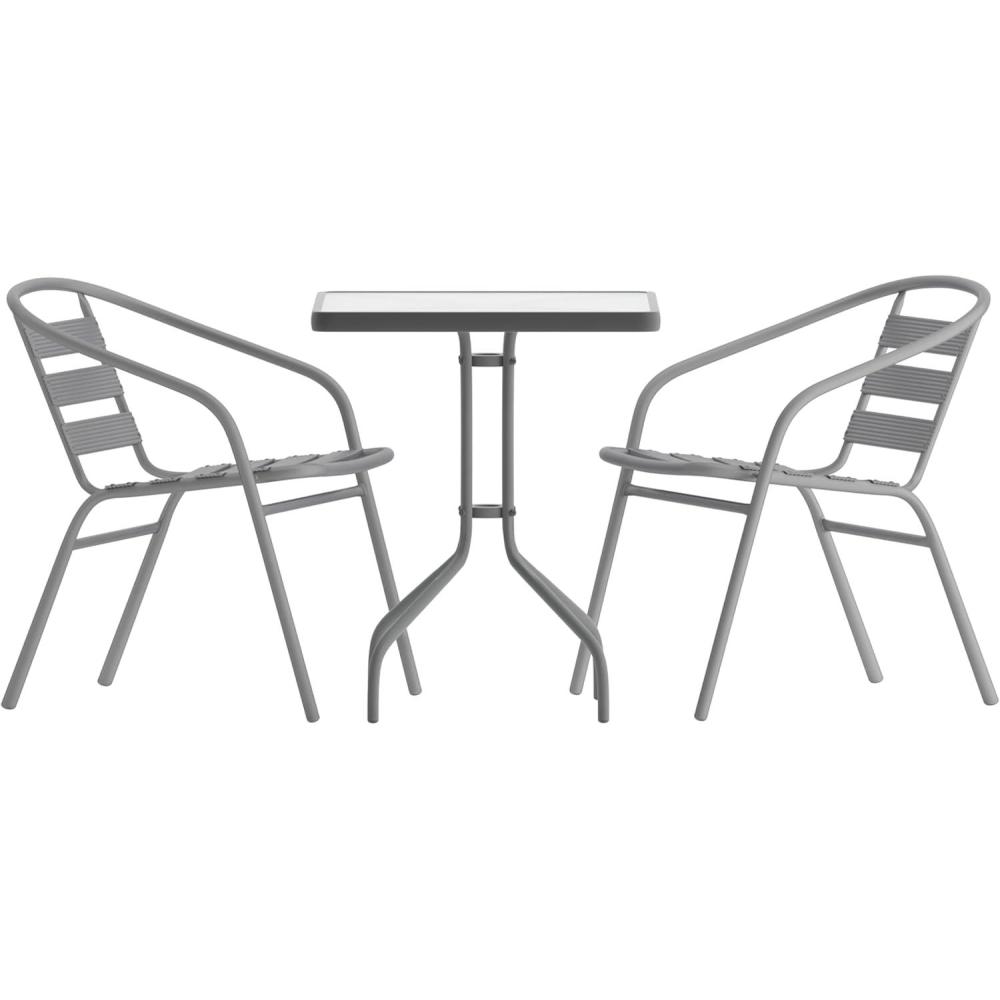 imageFlash Furniture Lila 235 Square Glass Metal Table with 2 Black Metal Aluminum Slat Stack ChairsSilver
