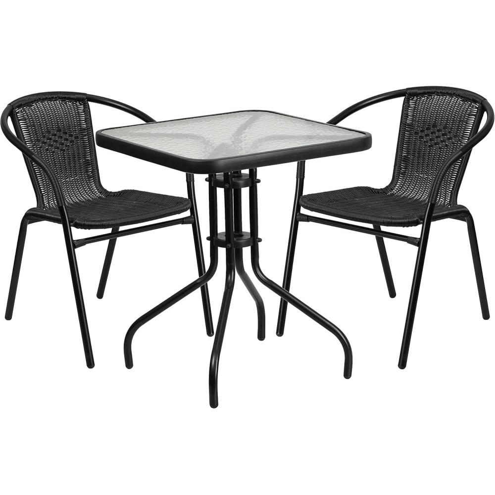 imageFlash Furniture Lila 235 Square Glass Metal Table with 2 Black Rattan Stack Chairs