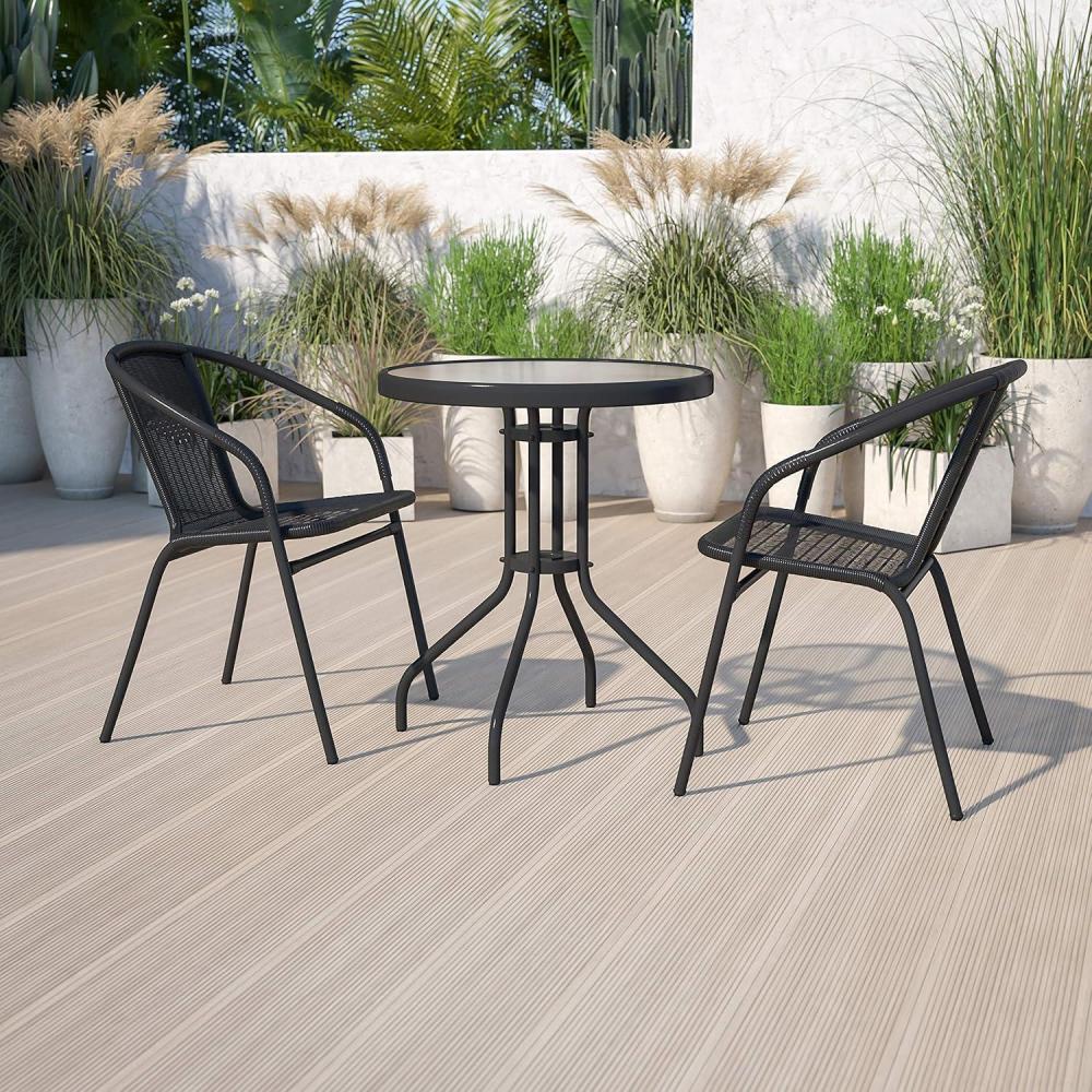 imageFlash Furniture Lila 2375 Round Glass Metal Table with 2 Black Rattan Stack Chairs