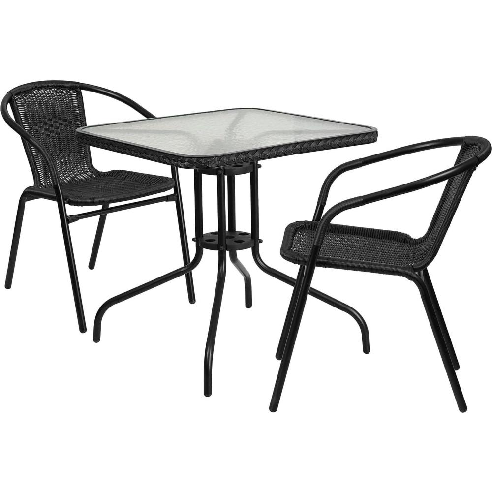 imageFlash Furniture Lila 3Piece 28quot Square IndoorOutdoor Patio Table and Chairs Set Glass Metal Bistro Table and 2 Stacking Rattan Chairs BrownClearBlack