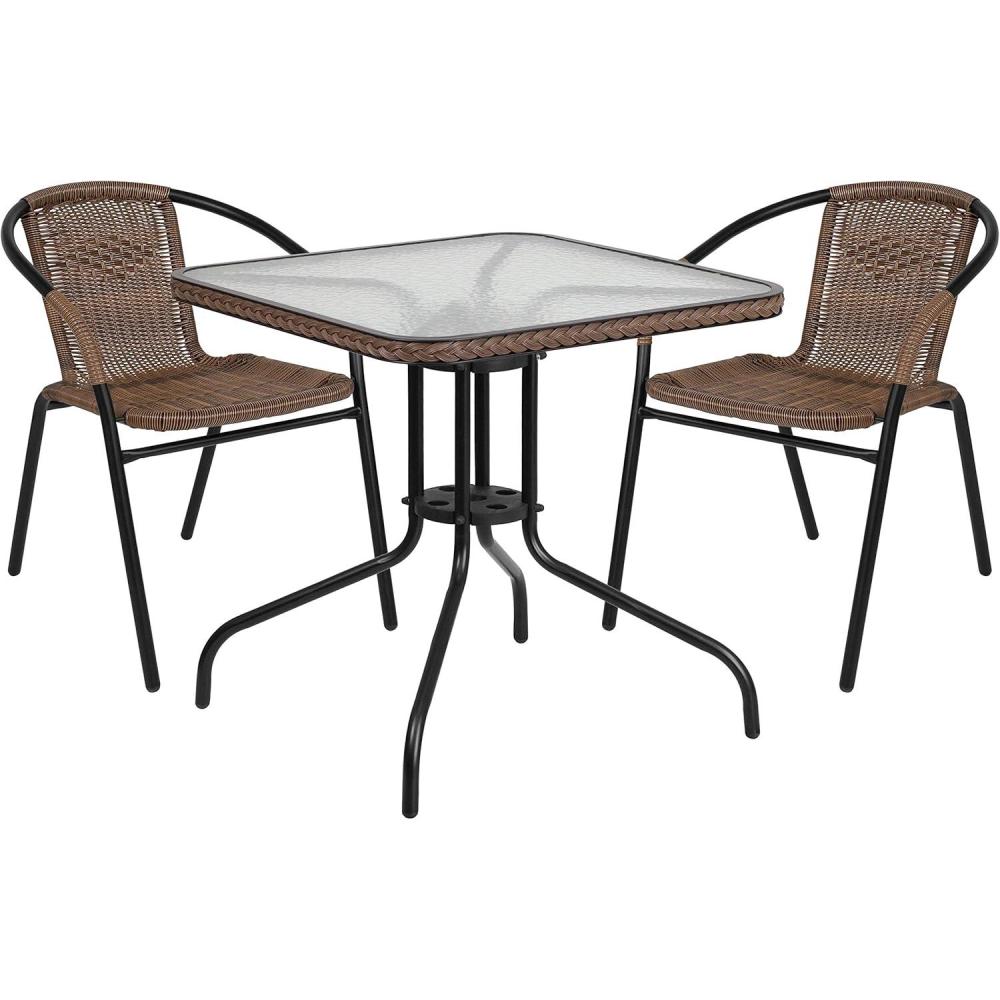 imageFlash Furniture Lila 3Piece 28quot Square IndoorOutdoor Patio Table and Chairs Set Glass Metal Bistro Table and 2 Stacking Rattan Chairs BrownClearDark Brown