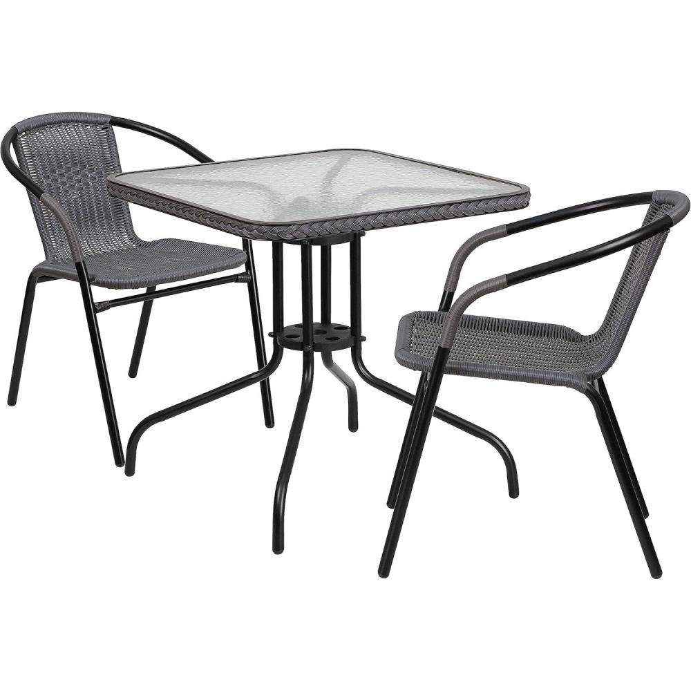 imageFlash Furniture Lila 3Piece 28quot Square IndoorOutdoor Patio Table and Chairs Set Glass Metal Bistro Table and 2 Stacking Rattan Chairs BrownClearGray