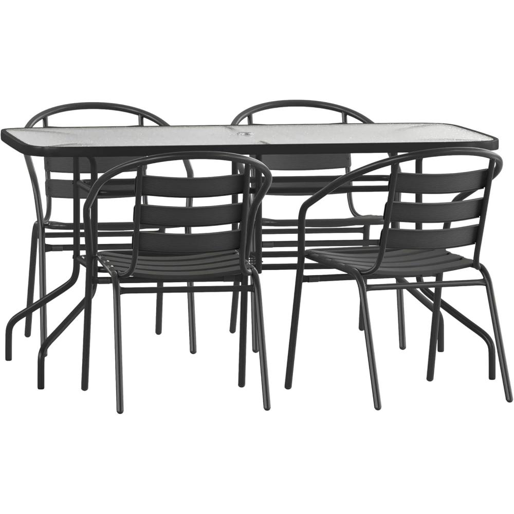 imageFlash Furniture Lila 7Piece Glass Patio Table and Chairs Set Outdoor Patio Dining Set with Rectangular Table and 6 Slat Back Patio Chairs Black5 Piece Set