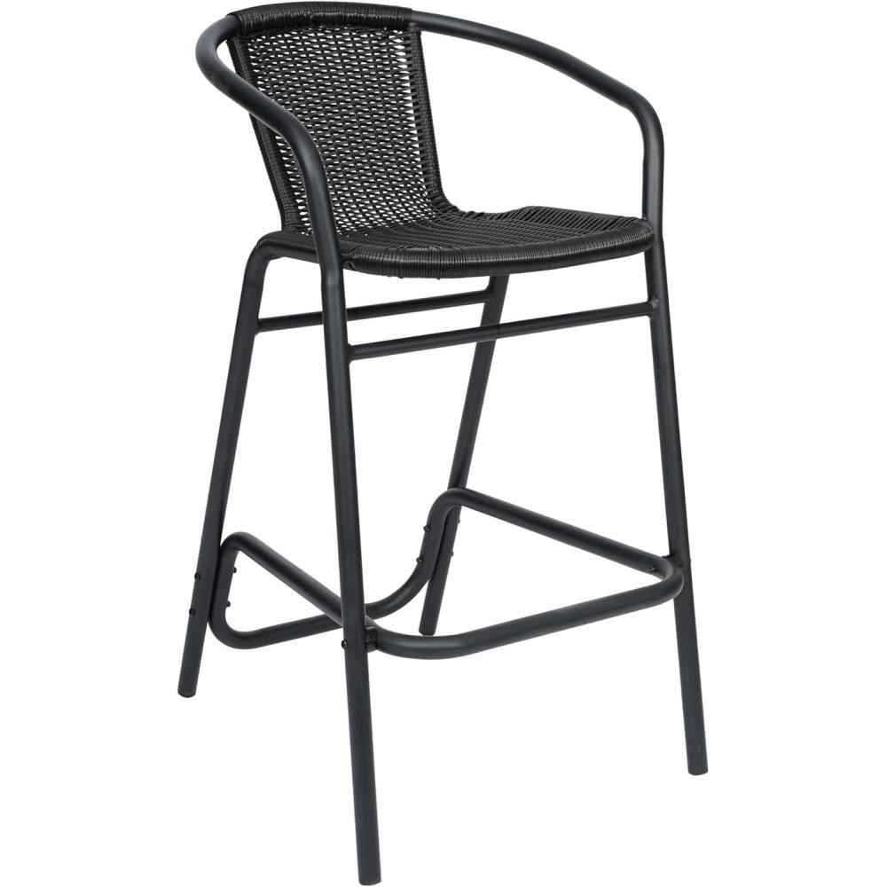 imageFlash Furniture Lila Commercial Grade Rattan IndoorOutdoor Commercial Restaurant Barstool  Rattan Seat and Back  Footrest  Medium Brown  4 PackBlack