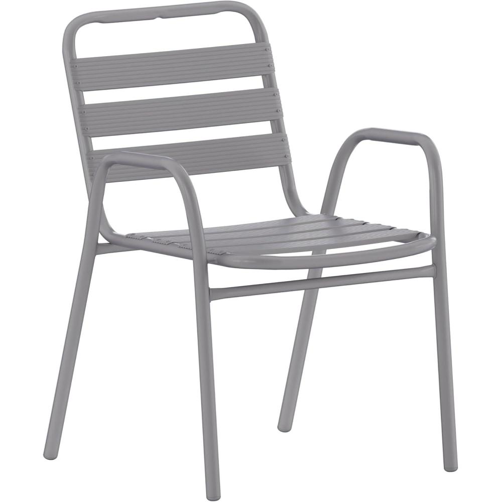 imageFlash Furniture Lila Commercial Restaurant Stack Chair with Triple Slat Back and Arms IndoorOutdoor Dining Chair SilverSilver