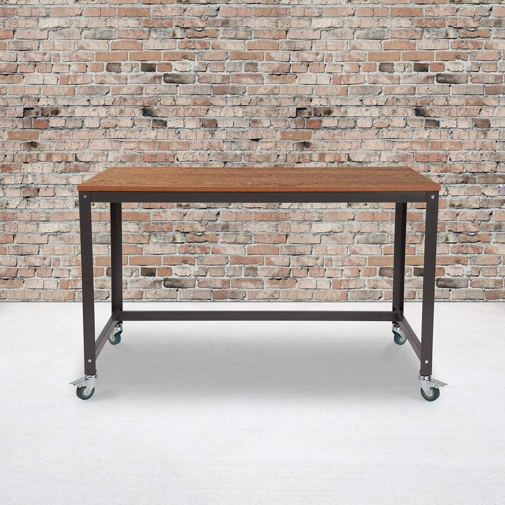 imageFlash Furniture Livingston Collection Computer Table and Desk in Brown Oak Wood Grain Finish with Metal Wheels
