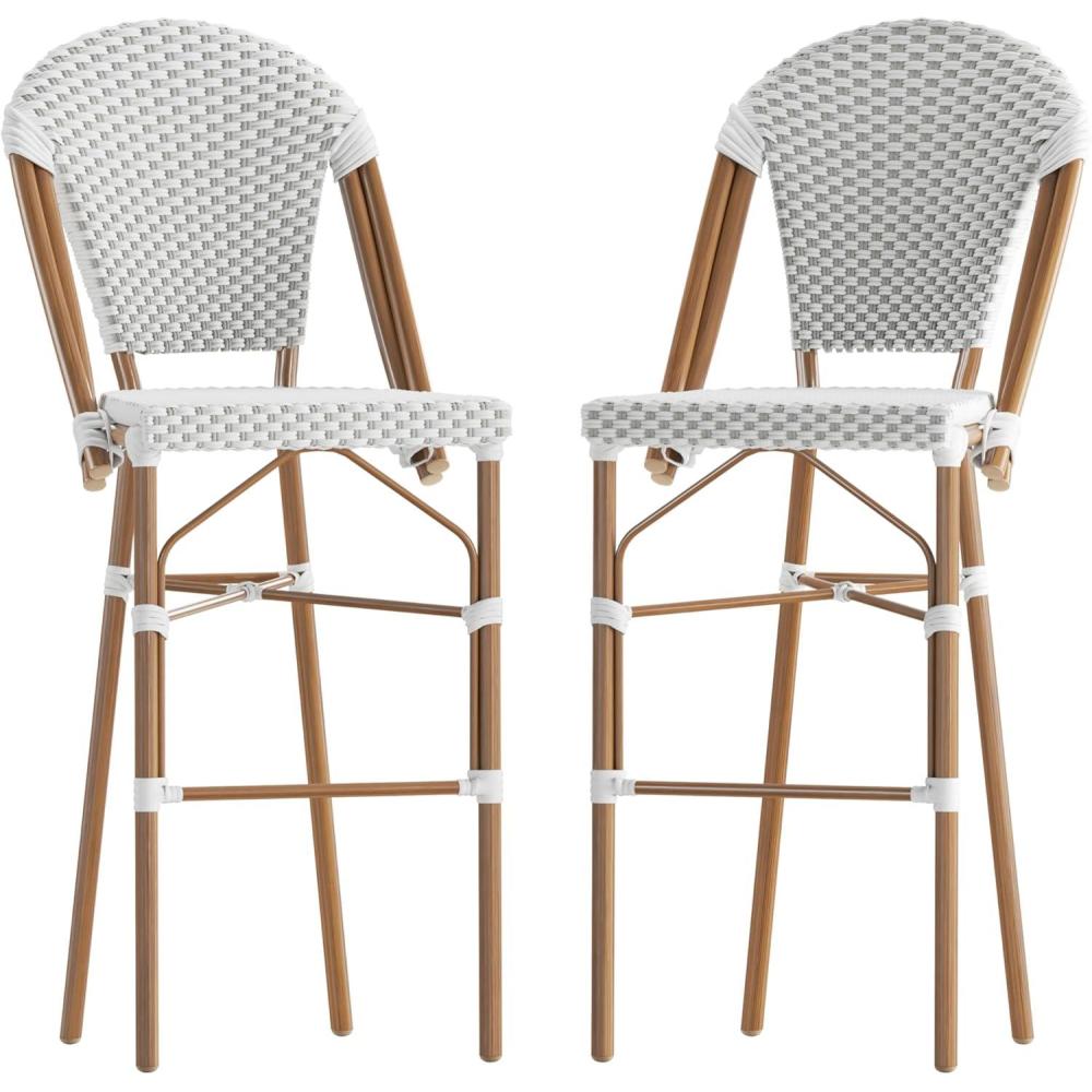 imageFlash Furniture Lourdes Commercial Grade Bistro Barstool Stackable IndoorOutdoor Dining Stool 30quotHigh NaturalWhite ampamp Light Natural Finish Set of 2White  GrayNatural Frame