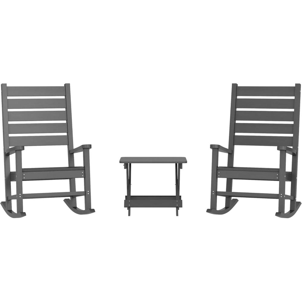 imageFlash Furniture Manchester Commercial 3Piece Rocking ChairsTable Set 2 Contemporary Rocking Chairs End Table HDPE Construction AllWeather Use BlackGrey