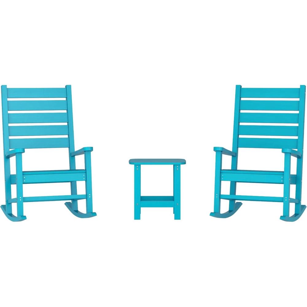 imageFlash Furniture Manchester Commercial 3Piece Rocking ChairsTable Set 2 Contemporary Rocking Chairs End Table HDPE Construction AllWeather Use Blue