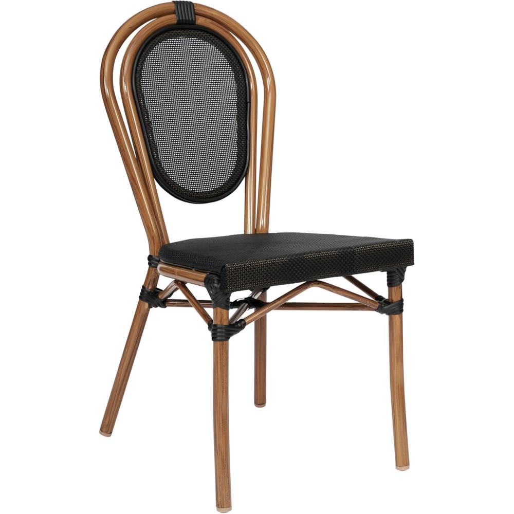 imageFlash Furniture Marseille IndoorOutdoor Commercial Bistro Stack Chair Black Textilene Back and Seat Natural Bamboo Print Metal FrameBlackNatural Frame