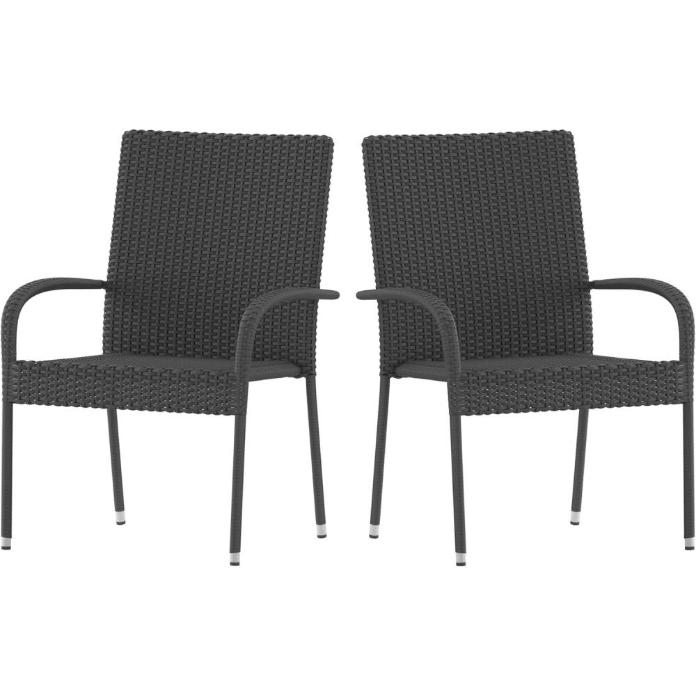 imageFlash Furniture Maxim Wicker IndoorOutdoor Dining Chairs with Arms Espresso Wicker Wrapped Steel Frames Fade ampamp Weather ResistantFor Deck or Backyard Set of 2Grey