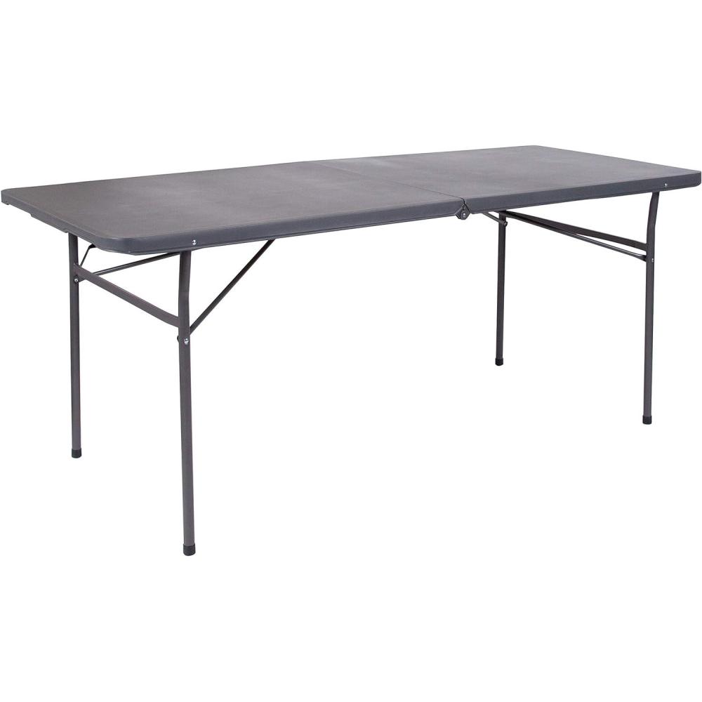 imageFlash Furniture Mills 4Foot Height Adjustable BiFold Brown Wood Grain Plastic Folding Table with Carrying HandleDark Gray