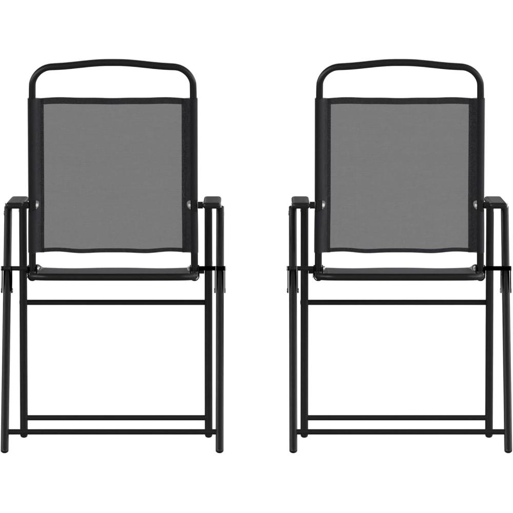 imageFlash Furniture Mystic Folding Patio Sling Chairs Outdoor Textilene Lawn Chairs with Armrests Set of 2 GrayBlack