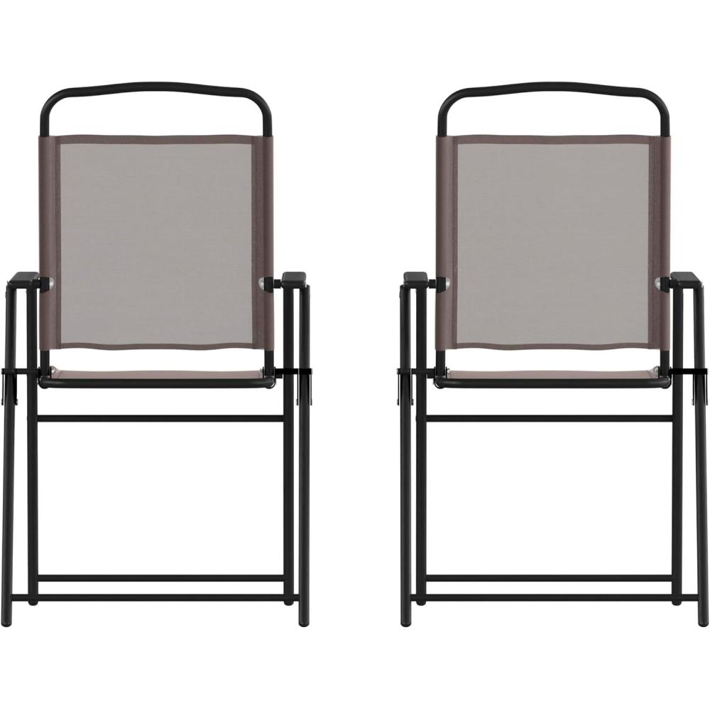 imageFlash Furniture Mystic Folding Patio Sling Chairs Outdoor Textilene Lawn Chairs with Armrests Set of 2 GrayBrown