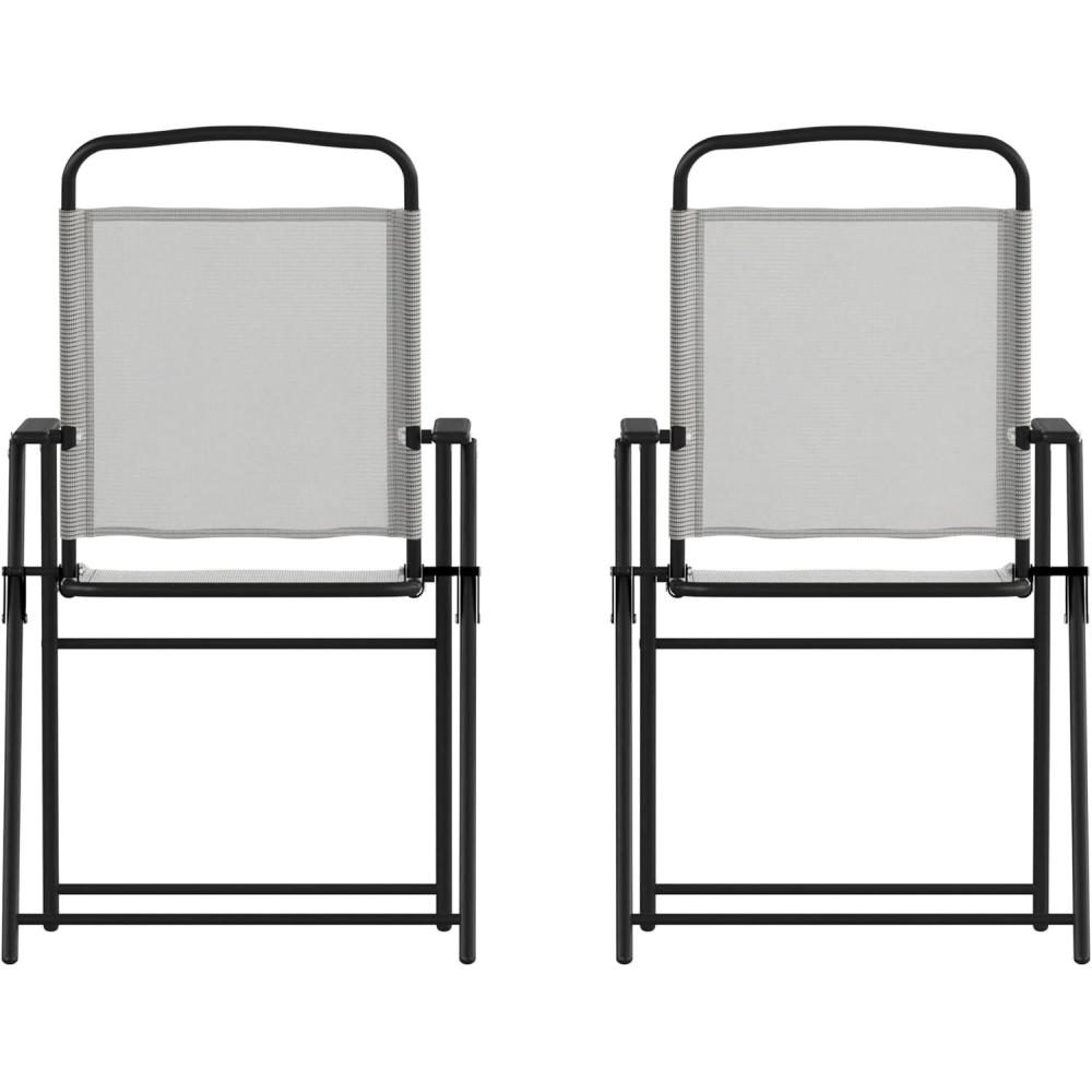 imageFlash Furniture Mystic Folding Patio Sling Chairs Outdoor Textilene Lawn Chairs with Armrests Set of 2 GrayGrey