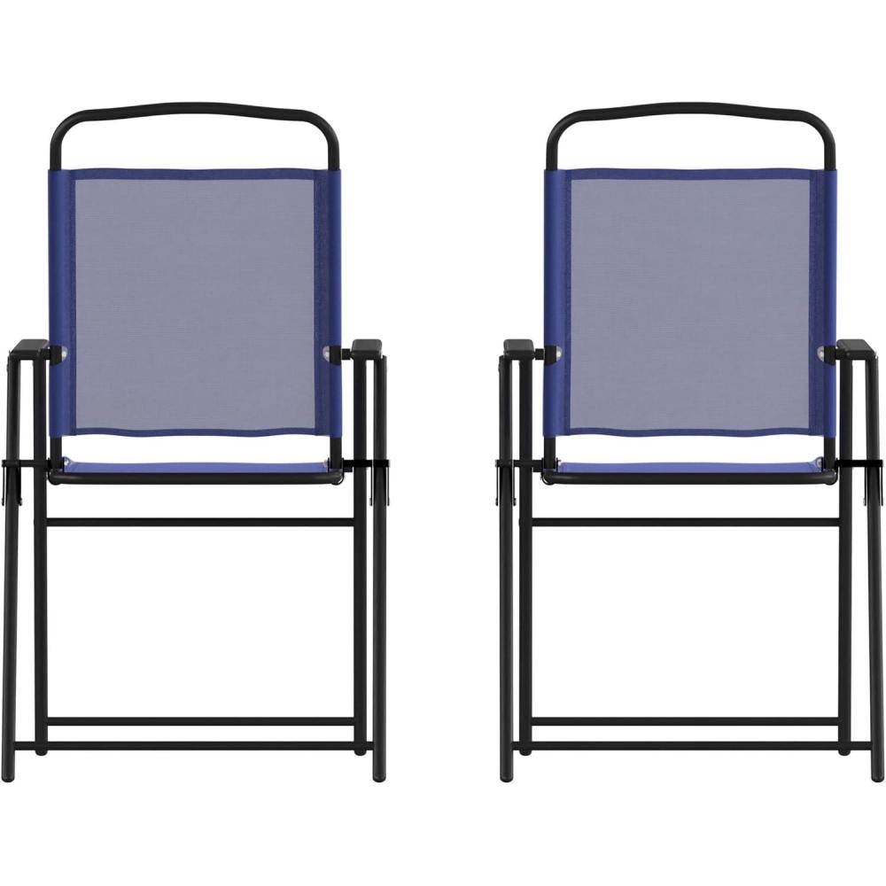 imageFlash Furniture Mystic Folding Patio Sling Chairs Outdoor Textilene Lawn Chairs with Armrests Set of 2 GrayNavy